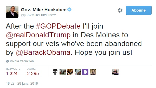 Traduction: Après le débat je rejoindrai Donald Trump à Des Moines pour soutenir nos vétérans qui ont été abandonnés par Barack Obama. J'espère que vous nous rejoindrez ! 