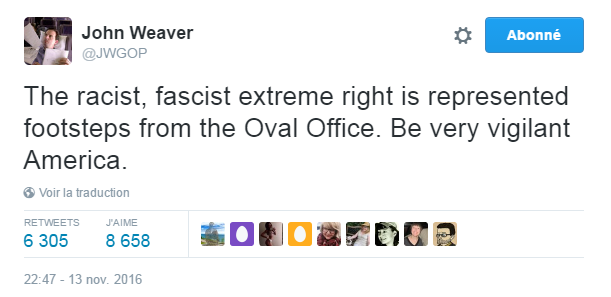 Traduction: L'extrême droite raciste et fasciste est représentée à quelques pas du Bureau Ovale. Sois très vigilante l'Amérique.