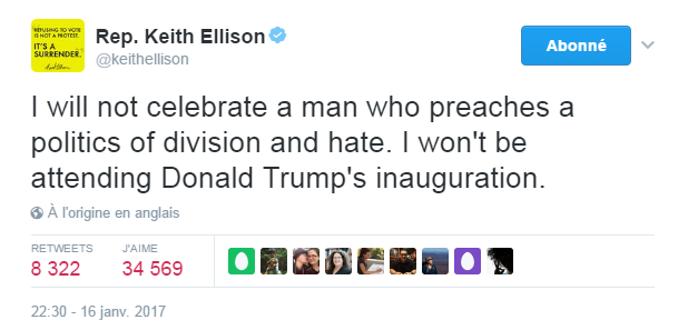 Traduction: Je ne célébrerai pas un homme qui prêche une politique de division et de haine. Je n'assisterai pas à l'investiture de Donald Trump.