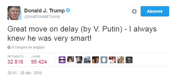 Traduction: Très bonne décision de report (par V. Poutine) - j'ai toujours su qu'il était très intelligent!